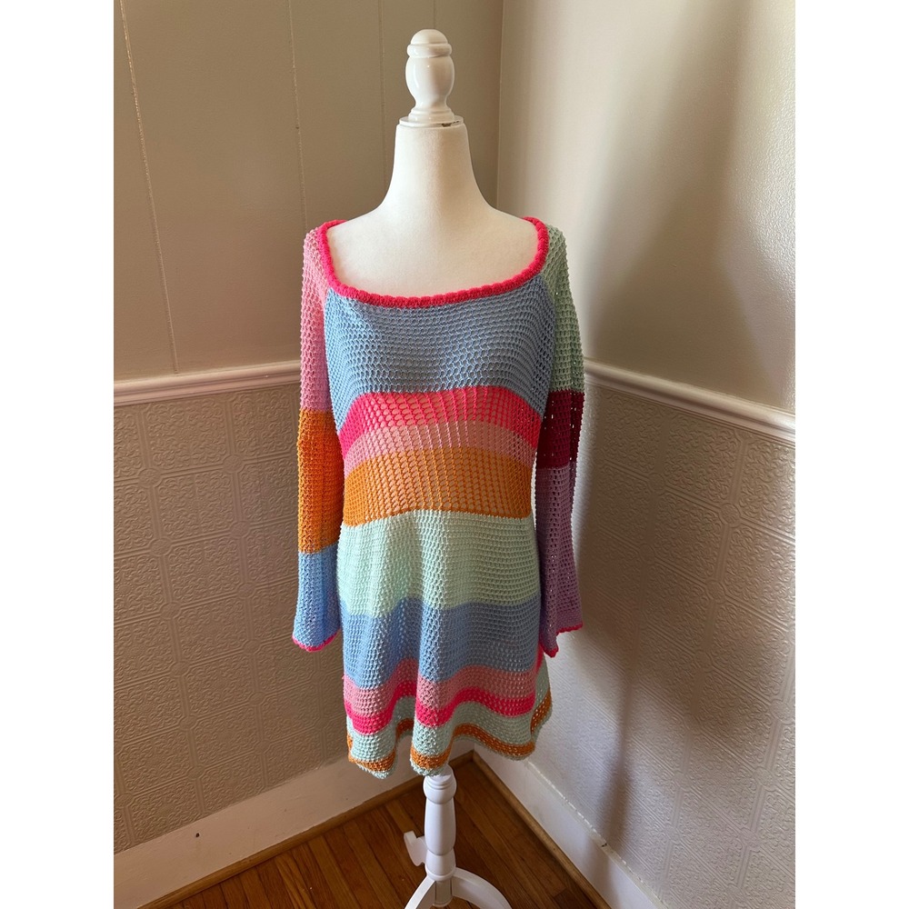 Multi Color Crochet Knit Mini Dress Striped Long Sleeve Beach Coverup Large